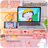 Gaeaspace  - Kawaii Desktop Monitor Stand Wooden Computer Laptop Elevated Stand with Drawers Desk Storage Organizer Pink Cute Monitor Stand