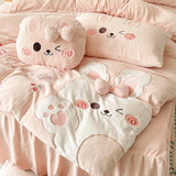 Gaeaspace  -  Pink Cute Cartoon Rabbit Applique Embroidery Bedding Set Velvet Fleece Duvet Cover Bed Sheet Fitted Sheet Bed Skirt Pillowcases