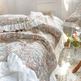 Gaeaspace  - Vintage French Princess Quilted Cotton Bedspread Coverlet Double 230x250cm Print Floral Ruffle Bed Sheet Soft 2Pcs Pillowcases