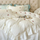 Gaeaspace  -  French Style Princess Bedding Set Lace Ruffles Seersucker Flowers Embroidery Washed Cotton Duvet Cover Set Bed Sheet Pillowcases