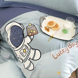 Gaeasapce  -  Blue Cute Cartoon Astronaut Embroidery 100% Cotton Boys Bedding Set Single Duvet Cover Set Bed Sheet Pillowcases Gifts For Child