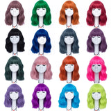 Gaeaspace  -  Short Wavy Blue Bobo Synthetic Cosplay Wigs for Women Orange Red Green Heat Resistant Hair with Bang for Girl