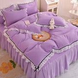 Gaeaspace  -  Korean Girl Heart Solid Color Bedding Set Cute Princess Style Cotton Bed Skirt Full Queen Size Flat Sheet Quilt Cover Pillowcase