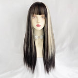 Gaeaspace  -  Synthetic Long Straight Black White Mixed Wigs with Bangs Lolita Cosplay Women Fluffy Hair Wig for Daily Party