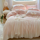 Gaeasapce  -  Pink Romantic Lace Ruffles with Bow, French Princess Bedding Set, Plush, Warm Velvet, Fleece Duvet Cover, Bed Sheet, Pillowcases