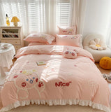 Gaeaspace  -  Cute sweet rabbit pink bedding set kid teen,lovely twin full queen king cotton home textile flat sheet pillow case quilt cover