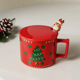 Gaeaspace  -  338ml Red Coffee Cup with Spoon Christmas Deer Decoration Mug with Lid Cartoon Ceramic Breakfast Mug Afternoon Camellia Tea Cup