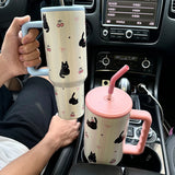 Gaeaspace  -  Kawaii Cat Stainless Steel Vacuum Insulated Tumbler With Lid Straw For Water Iced Tea Coffee Juice Large Car Thermos Mug 1200ml