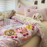 Gaeaspace  -  Washed Cotton Bedding Sets Cartoon Embroidery Four Piece Set Girl's Bedroom Decor Duvet Cover Pillowcase Bedspread Bed Cover Set