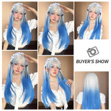 Gaeaspace  -  Women's wig synthetic summer blue long straight hair air bangs cos hairy girl style wig natural cosplay party heat-resistant