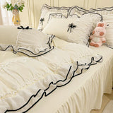 Gaeaspace  -  Kawaii Seersucker Bedding Set For Girls Princess Bow Ruffle Lace Bed Skirt Skin-Friendly Solid Color Duvet Cover Sets Queen King