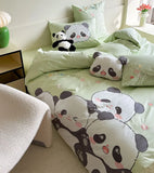 Gaeaspace  -  Cute cartoon embroidery panda green beding set,twin full queen king kawaii cotton home textile bed sheet pillow case quilt cover