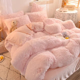 Gaeaspace  -  Luxury Winter Warm Long Plush Pink Bedding Set Queen Mink Velvet Double Duvet Cover Set with Fitted Sheet Warmth Quilt Covers