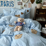 Gaeaspace  -  Solid Blue Bear Bedding Set Duvet Cover Queen Full Twin Size Bed Flat Sheet Kids Girls Room Decor Quilt Cover Pillowcase Kawaii