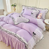 Gaeaspace  -  Kawaii Seersucker Bedding Set For Girls Princess Bow Ruffle Lace Bed Skirt Skin-Friendly Solid Color Duvet Cover Sets Queen King