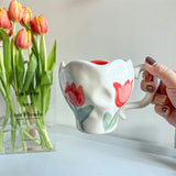 Gaeaspace  -  Korean Style Ins Niche Hand-painted Tulip Bleed Orchid Hand-kneaded Ceramic Cup Office Cute Mug Household Simple Dessert Cup