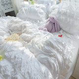 Gaeaspace  -  White Ruffled Seersucker Duvet Cover Set for Girls, Soft Princess Bedding Set with Bed Sheet, Pillowcases, 3 Pcs, 4Pcs