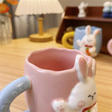 Gaeaspace  -  Korean Style Cute Rabbit Ceramic Mug Cartoon Hand-painted Embossed Coffee Cup Household Milk Cup with Handle Spoon suit