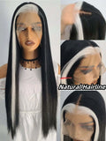 Gaeaspace  -  Black and White Highlight Wig Straight Synthetic Lace Front Wig Glueless Skunk Stripe Highlighted Ombre Black Wigs for Women