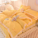 Gaeaspace  -  Girls Bedding Sets Kawaii Seersucker Bed Sheet Pillowcase Fashion Princess Duvet Cover Solid Color 4 Pieces Cute Home Decoration