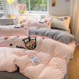 Gaeaspace  -  MIlk Tea Cartoon Duvet Cover Embroidery Bedding Set Queen Twin Size Kawaii Comforter Covers with Pillowcases for Girls Women