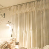 Gaeaspace  -  Korean INS Brand 100% Cotton Elegant Blackout Curtains for Girl's Bedroom Cream White Skirt Window Drapes with Ruffles Valance