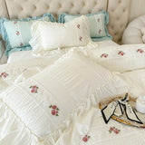 Gaeaspace  -  French Style Princess Bedding Set Lace Ruffles Seersucker Flowers Embroidery Washed Cotton Duvet Cover Set Bed Sheet Pillowcases