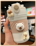 Gaeaspace  -  450ML Cute Bear Double Drink Thermos Coffee Mug With Straw Portable Stainless Steel Tumbler Insulated Cup Bottle For Kids Girls