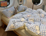 Gaeaspace  -  Cute cat blue plaid bedding set single double teen,twin full queen lovely cotton home textile bed sheet pillow case quilt cover