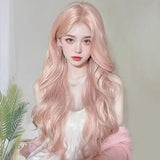 Gaeaspace -  Pink Wig for Women Long Wave Cospaly Lolita Daily Party Synthetic Wigs with Bangs Fake Hair High Temperature Wig 가발