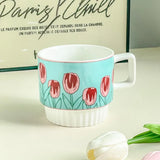 Gaeaspace  -  Tulip Flower Coffee Cup with Handle Ins Style Creative Couple for Girls Gift Cute Ceramic Mug Oatmea Breakfast Milk Wate Cup