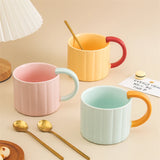 Gaeaspace  -  Korean Style Ins Macaron Color Mug Simple Niche Design Vertical Pattern Ceramic Cup with Handle Coffee Cup Spoon suit