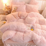 Gaeaspace  -  Luxury Winter Warm Long Plush Pink Bedding Set Queen Mink Velvet Double Duvet Cover Set with Fitted Sheet Warmth Quilt Covers