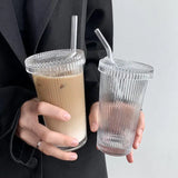 Gaeaspace  -  375ML Stripe Glass Cup With Lid and Straw Transparent Tea Cup Glasses Beer Can Milk Juice Cups Coffee Mug Drinkware Dessert Cup