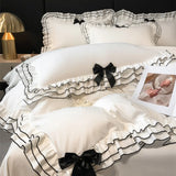 Gaeaspace   -  Korean Style Lace Ruffles Princess Bedding Set, Duvet Cover, Bed Skirt, Fitted Sheet, Flat Sheet, Pillowcases, Black Bow, White