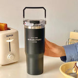 Gaeaspace  -  Large Capacity Insulation Cup Vacuum Thermal Cold Straw Water Bottle Simple Portable Outdoor Double Drink Car Coffee Mug