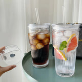 Gaeaspace  -  1pc 600ml Stripe Glass Cup with Lid and Straw Transparent Drinking Glasses for Juice Iced Coffee Water Cup Outdoor Drinkware Mug