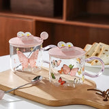 Gaeaspace  -  1pc Butterfly Glass Coffee Mug With Lid And Spoon Heat Resistant Glass Coffee Mugs Cute Girly Water Cups Summer Drinkware