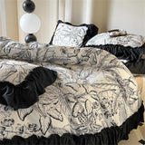 Gaeaspace  -  Washed Cotton Bedding Sets With Lace Black Printed Four Piece Set Bedroom Decor Duvet Cover Pillowcase Bedspread Bed Cover Sets