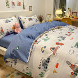 Gaeaspace  -  Kawaii Kids Bedding Set Soft Cotton Flat Fitted Sheet Duvet Cover Pillowcases Single Queen Cartoon Boy Girls Dormitory Bed Linen