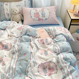 Gaeaspace  -  Pink Cartoon Printed Bedding Set For Girls Double Queen King Size Flat Sheet Duvet Cover Pillowcase Soft Bed Linen Home Textiles