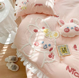 Gaeaspace  -  Cute sweet rabbit pink bedding set kid teen,lovely twin full queen king cotton home textile flat sheet pillow case quilt cover