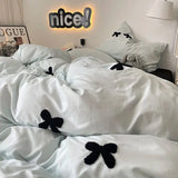 Gaeaspace  -  Bedding Set New Ins Style  Minimalist Blue Washing Cotton black bow towel Embroidered Four PIECE Set, 1.5 Bed Sheets