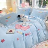 Gaeaspace  -  Lovely Dog Soft Bedding Set Embroidered Duvet Cover with 2 Pillowcases Ruffles Breathable Comforter Sets for Girls Home Decor