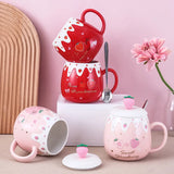 Gaeaspace  -  1pc 450ml Cute Strawberry Ceremic Cup with Lid Spoon Water Cup Coffee Mug Creative Gift Easy To Clean Summer Winter Drinkware