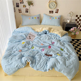 Gaeaspace  -  Cartoon Embroidery Bedding Sets Washed Cotton Four Piece Set Children's Bedroom Decor Duvet Cover Pillowcase Bedspread Bed Cover