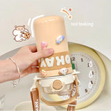 Gaeaspace   -  Kawaii Thermal Water Bottle With Straw Sticker Stainless Steel Thermos Keep Cold Hot Coffee Bubble Tea Cute Bottle For Kid Girl