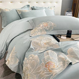 Gaeaspace  -  High-End Floral Embroidery Green Red Bedding Set Luxury Egyptian Cotton Solid Duvet Cover Flat or Fitted Bed Sheet Pillowcases