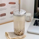 Gaeaspace  -  Ins Boba Milk Tea Glass Water Cup With Straw Lid Large Capacity Clear Heat Resistance Glass Coffee Bubble Juice Cold Drink Cups