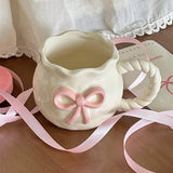 Gaeaspace  -  Irregular Handmade Relief Pink Bow Coffee Ceramic Cup Gift Water Cup Kawaii Cup